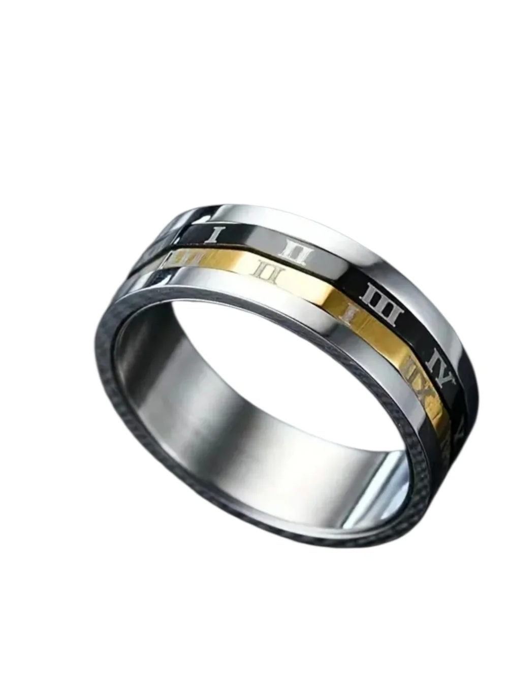 New Stainless Steel Black and Gold Roman Numeral Men’s Spinner Ring Sz 11